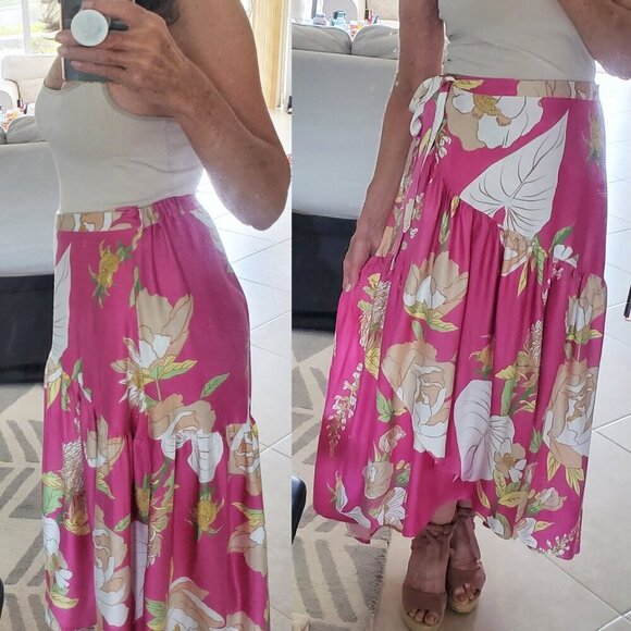 Cynthia Rowley Maxi Wrap Skirt Flowy Ruffle High Low Hem Floral Bright Pink M - Picture 4 of 14